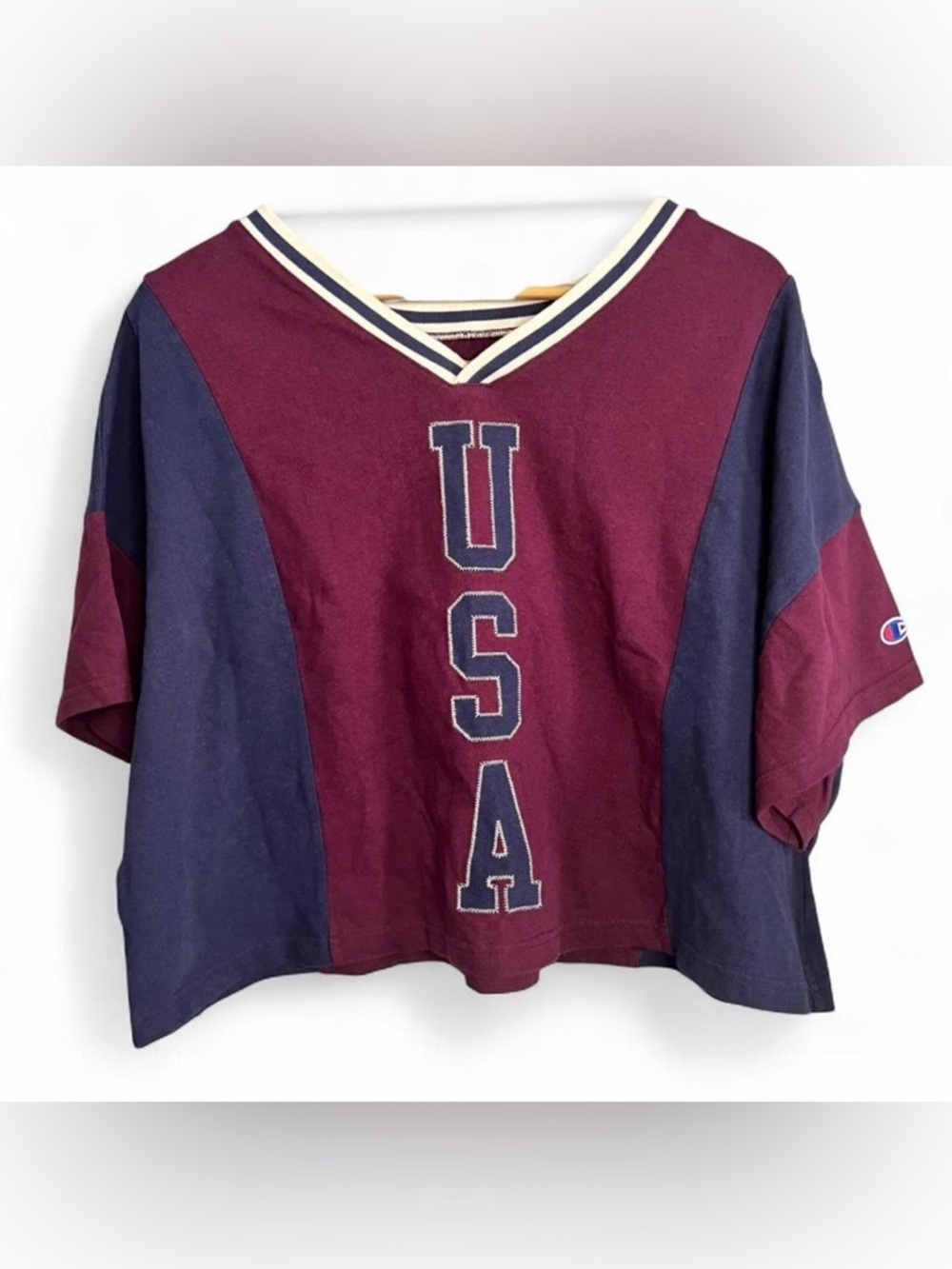 Champion Maroon V‑Neck Sweatshirt with Navy & White Trim
